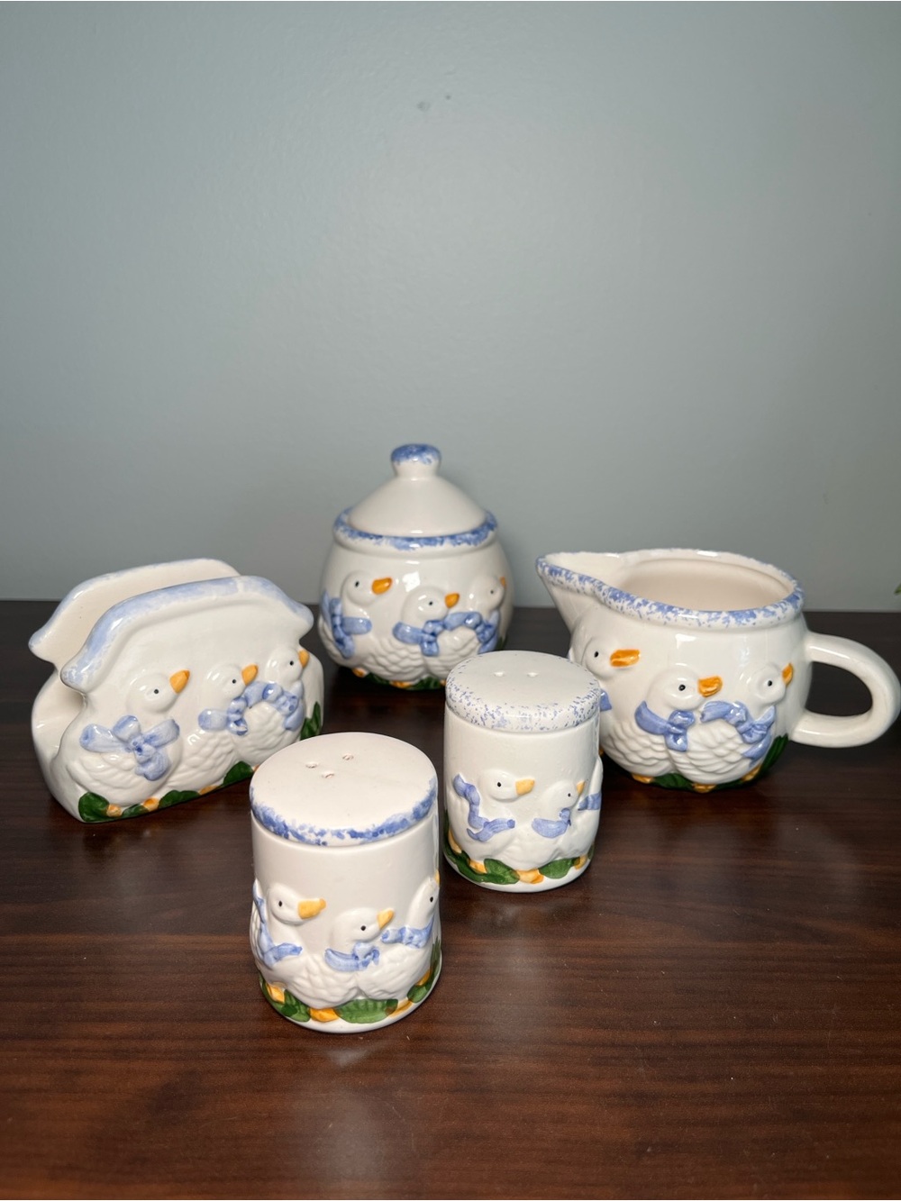 Vintage Ceramic Goose Kitchen Set • 5 Pc • Blue & White Country Cottage • Retro